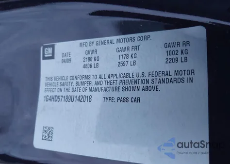 2009 Buick Lucerne Cxl из США, поврежденный, VIN 1G4HD57189U142018